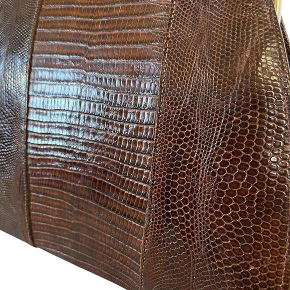 Vintage Genuine Lizard Brown Leather Frame Handbag with Oscar de la Renta Scarf - Picture 6 of 11